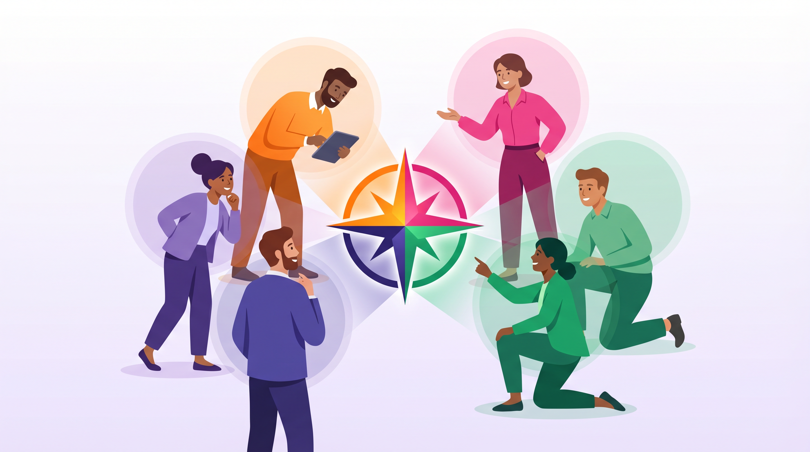 Diverse team collaborating around a contribution compass